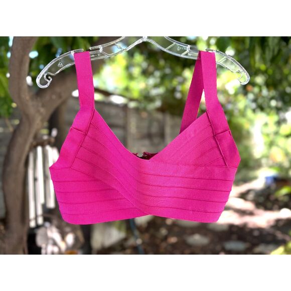 NWOT Hervé Léger x Forever 21 Electric Pink Bandage Sleeveless V Crop Top Size L - Picture 4 of 9